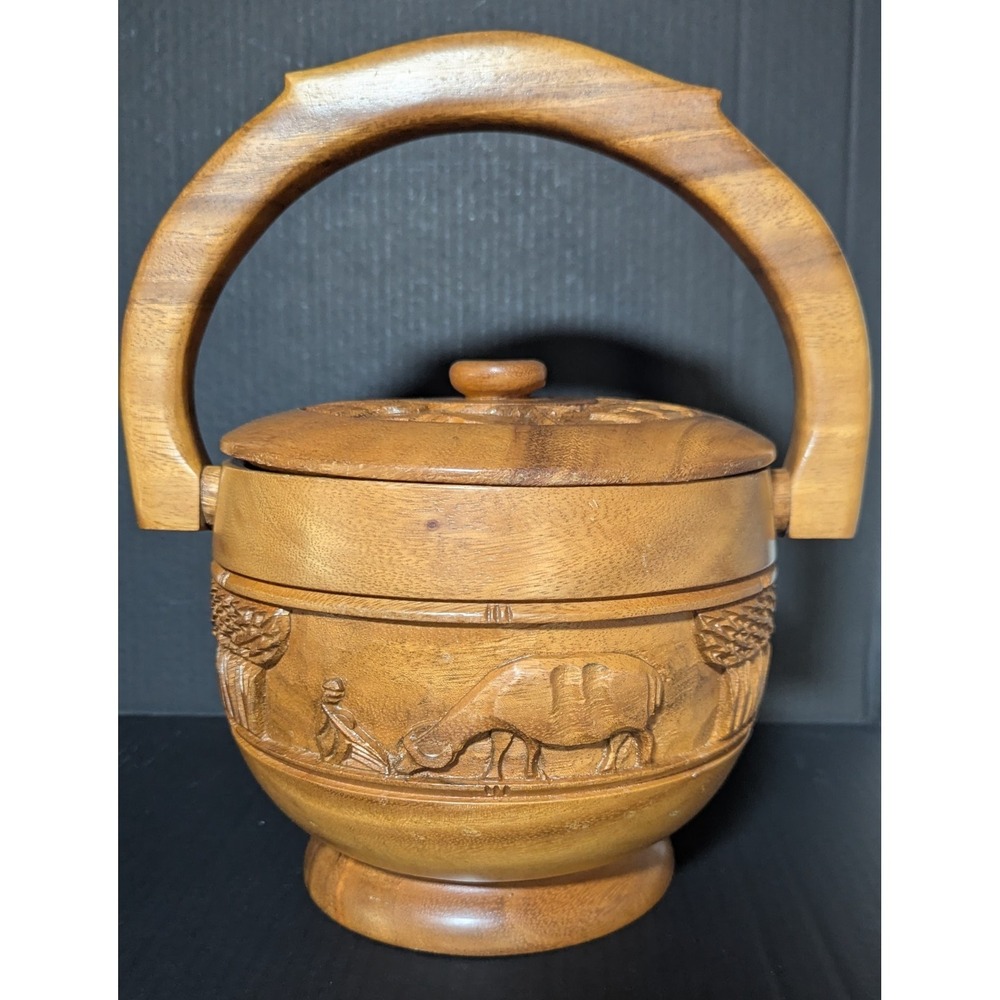 Vintage Hand Carved Teak‎ Wood Bucket With Handle Rural Farming Scene